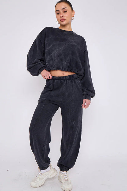 Acid Wash Sweatshirt & Joggers Bubble Hem Tracksuit