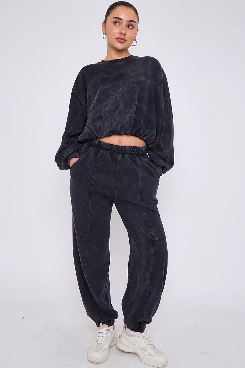 Acid Wash Sweatshirt & Joggers Bubble Hem Tracksuit