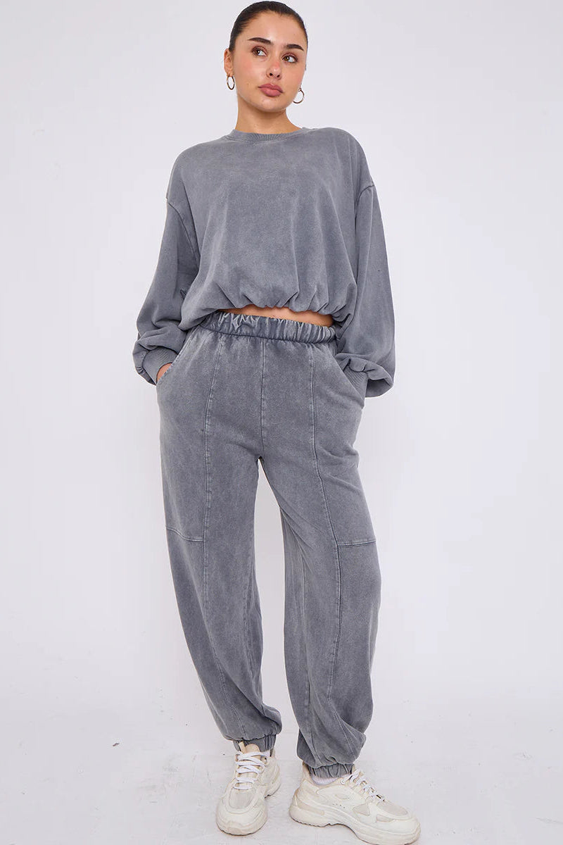 Acid Wash Sweatshirt & Joggers Bubble Hem Tracksuit