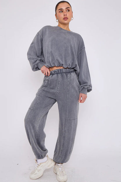 Acid Wash Sweatshirt & Joggers Bubble Hem Tracksuit