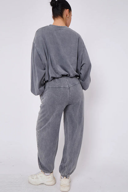 Acid Wash Sweatshirt & Joggers Bubble Hem Tracksuit