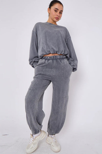 Acid Wash Sweatshirt & Joggers Bubble Hem Tracksuit