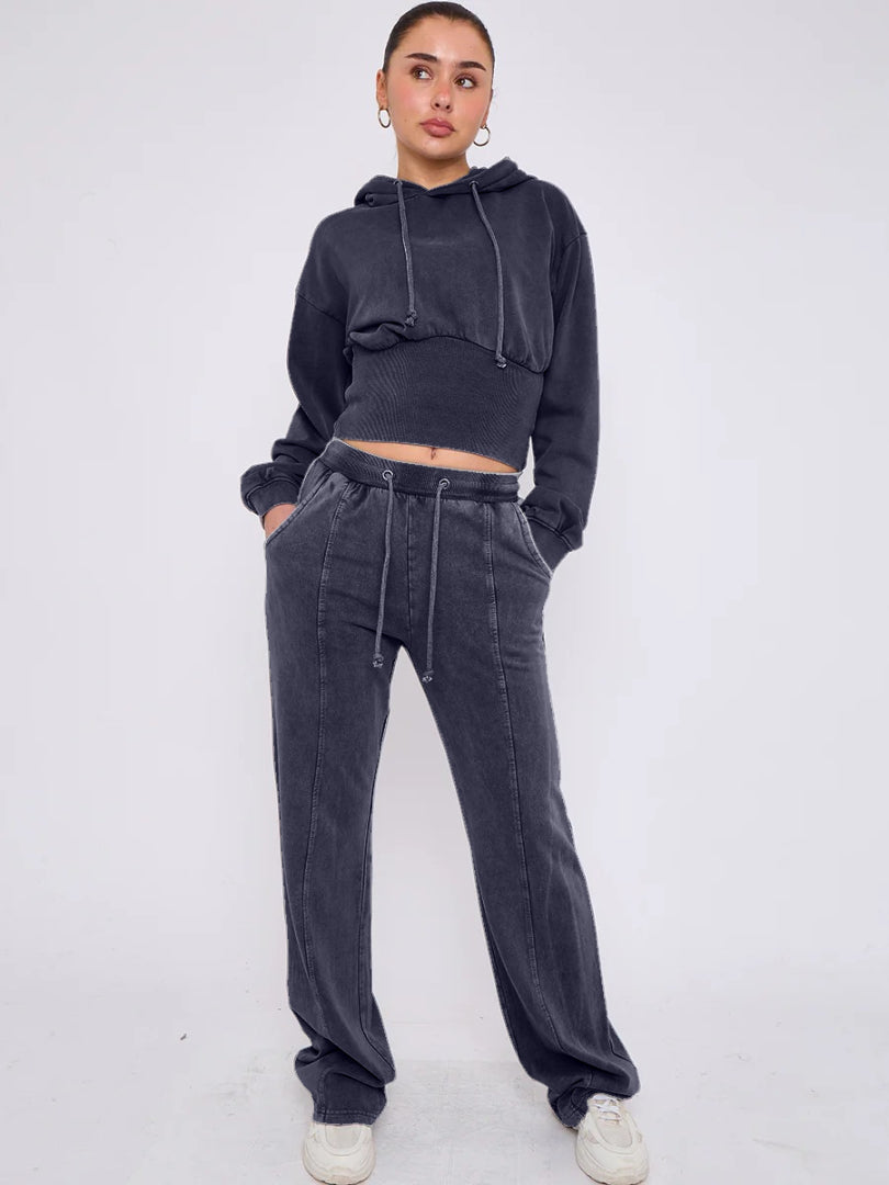 Acid Wash Ribbed Corset Cropped Hoodie & Joggers Tracksuit