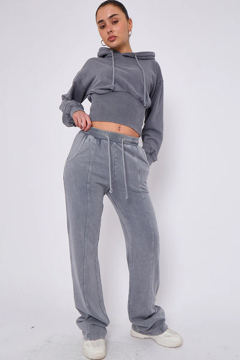 Acid Wash Ribbed Corset Cropped Hoodie & Joggers Tracksuit