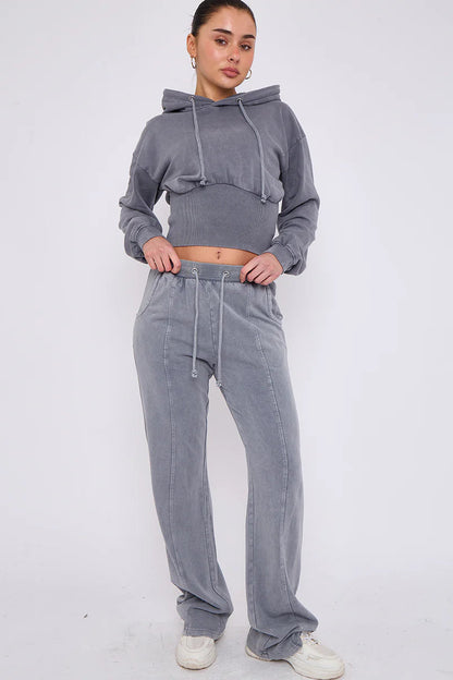 Acid Wash Ribbed Corset Cropped Hoodie & Joggers Tracksuit