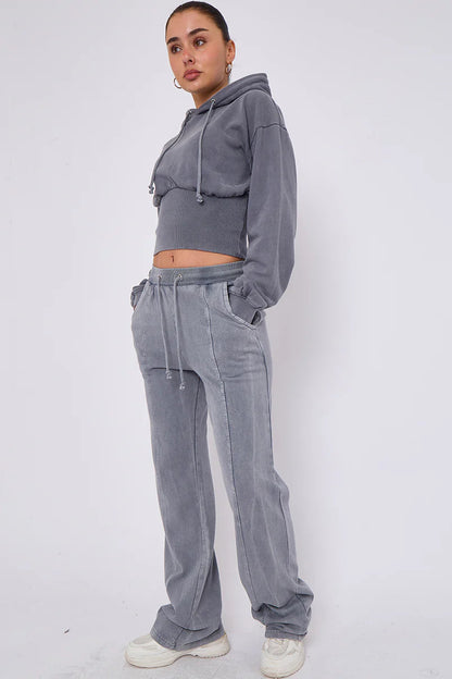 Acid Wash Ribbed Corset Cropped Hoodie & Joggers Tracksuit