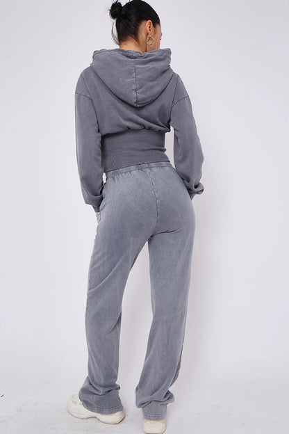 Acid Wash Ribbed Corset Cropped Hoodie & Joggers Tracksuit