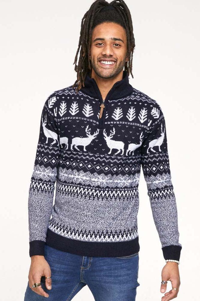 D555 1/4 Zip Reindeer All-Over Print Knit Christmas Sweater