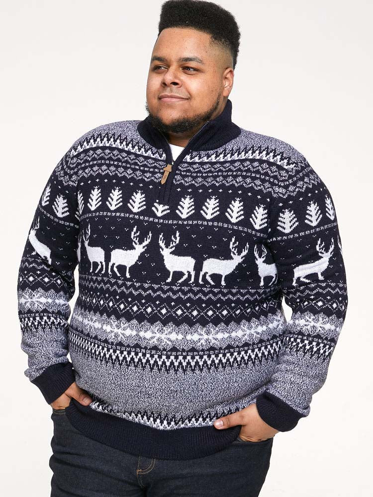 D555 1/4 Zip Reindeer All-Over Print Knit Christmas Sweater