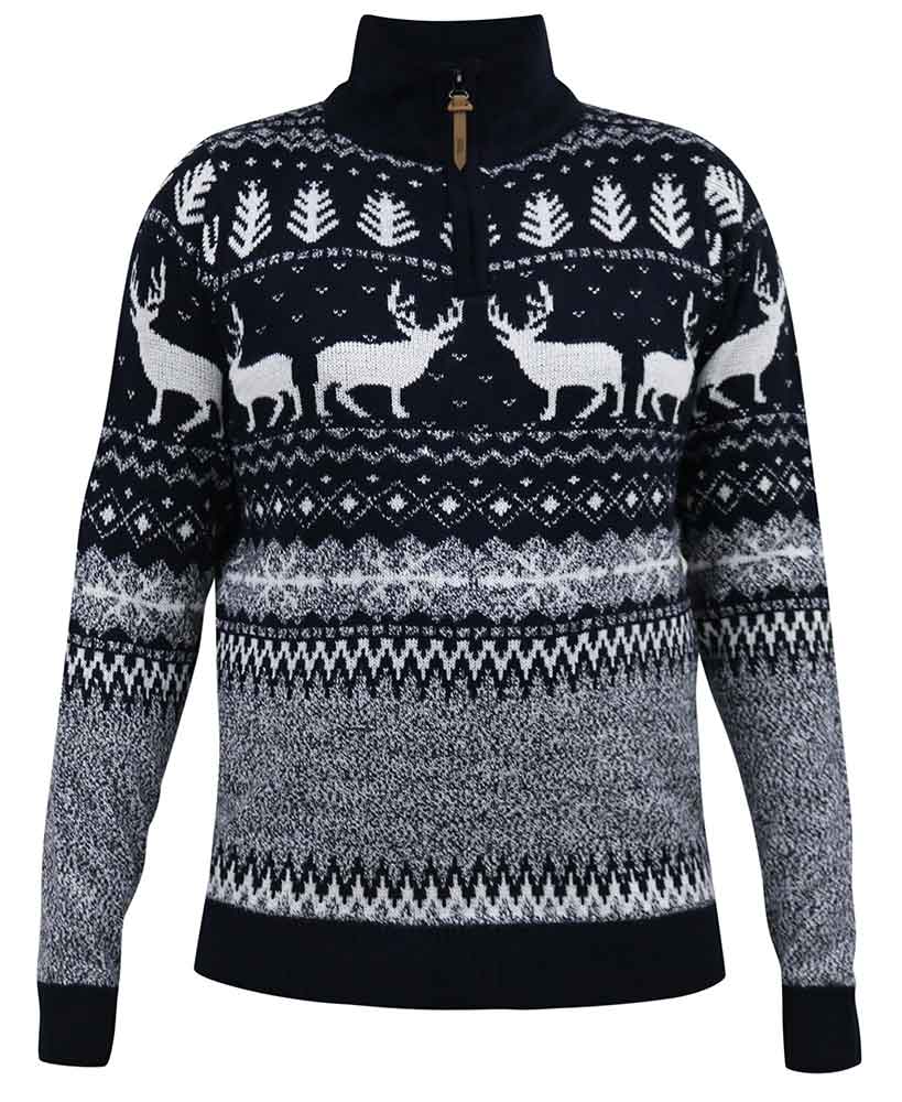 D555 1/4 Zip Reindeer All-Over Print Knit Christmas Sweater