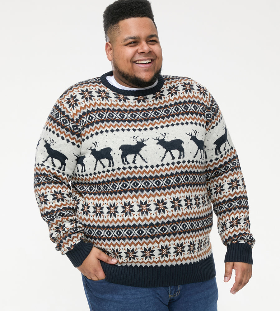 D555 Navy Ecru Crew Neck Reindeer Christmas Sweater S-5XL