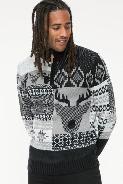 D555 Black 1/4 Zip Neck Stag Christmas Sweater S-5XL