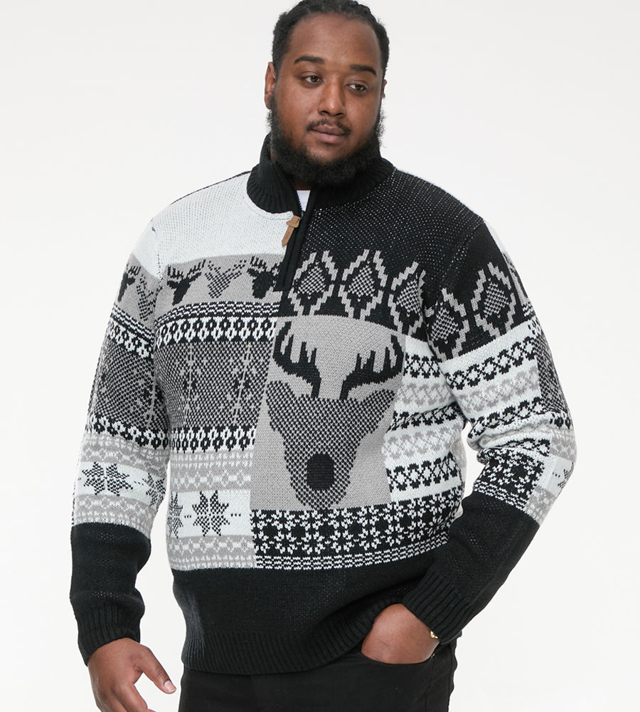 D555 Black 1/4 Zip Neck Stag Christmas Sweater S-5XL