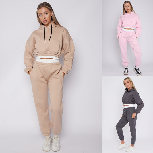 Cropped Hoodie and Joggers Tracksuit with Ribbed Hem