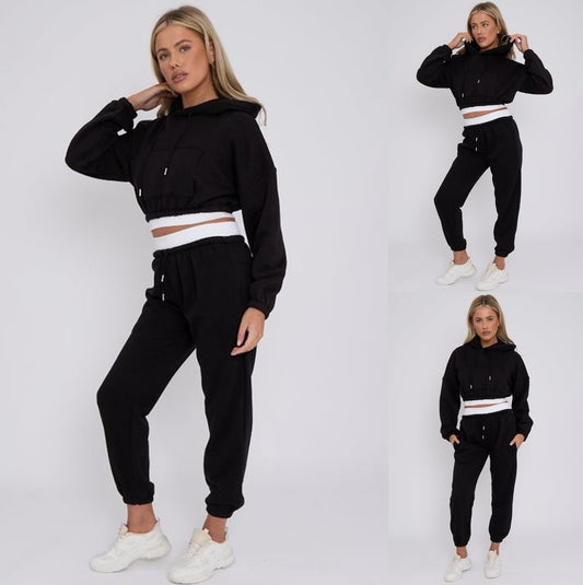 Cropped Hoodie and Joggers Tracksuit with Ribbed Hem