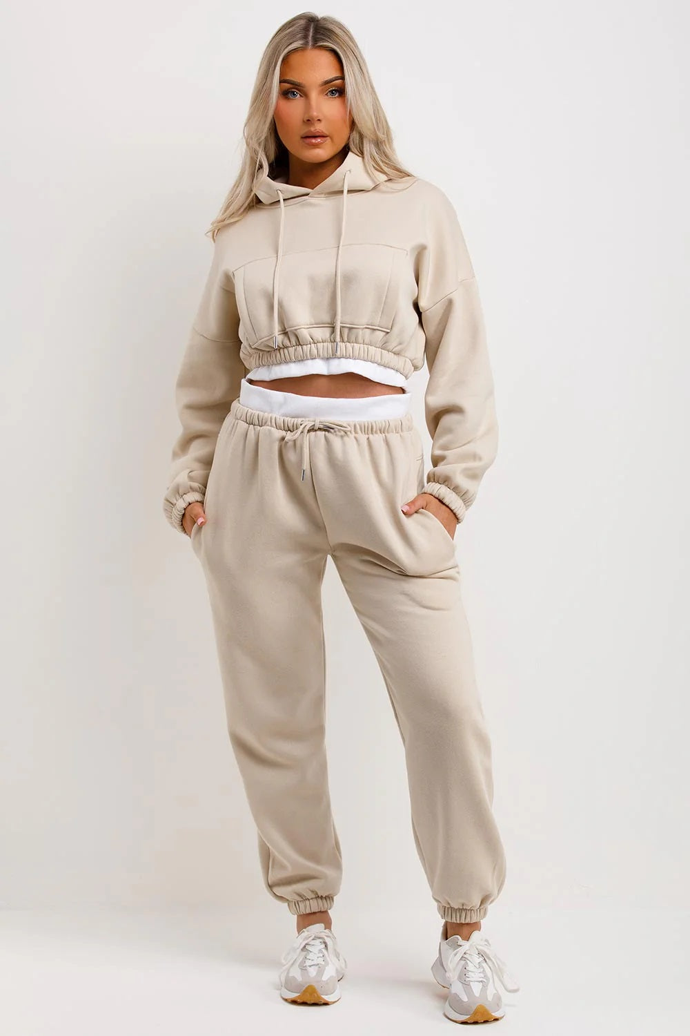 Cropped Hoodie and Joggers Tracksuit with Ribbed Hem