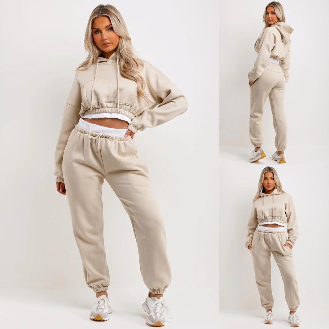 Cropped Hoodie and Joggers Tracksuit with Ribbed Hem