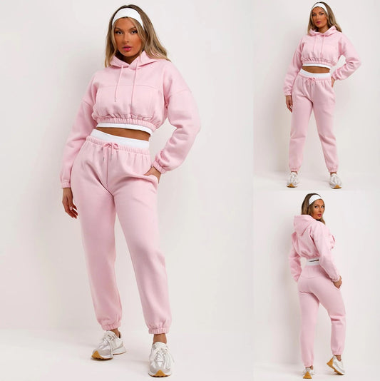 Cropped Hoodie and Joggers Tracksuit with Ribbed Hem