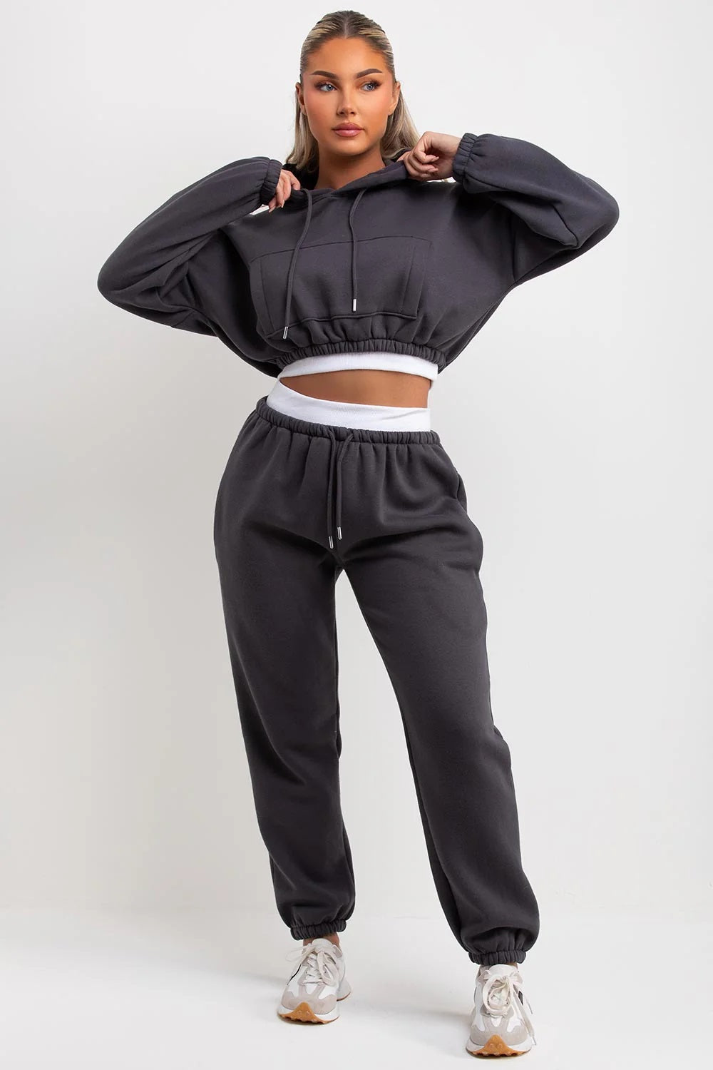 Cropped Hoodie and Joggers Tracksuit with Ribbed Hem