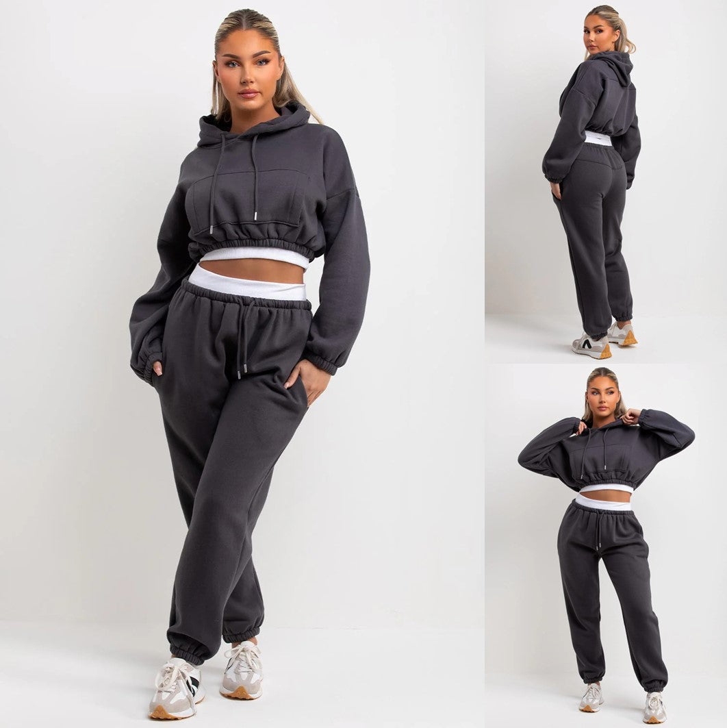 Cropped Hoodie and Joggers Tracksuit with Ribbed Hem