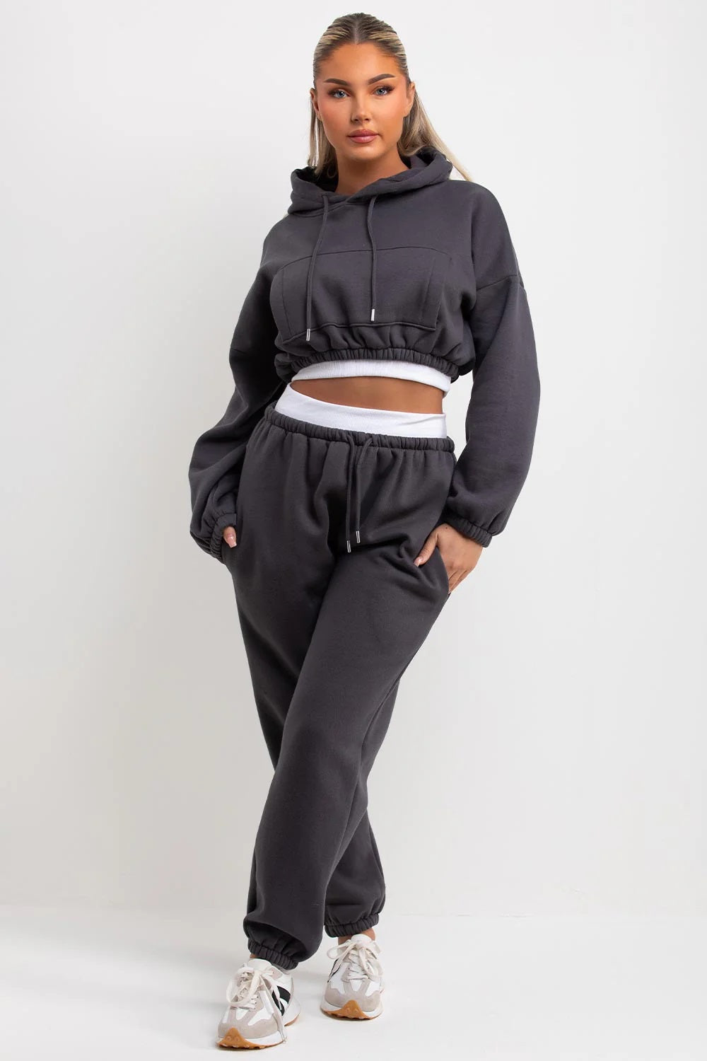 Cropped Hoodie and Joggers Tracksuit with Ribbed Hem