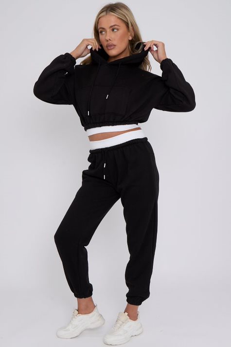 Cropped Hoodie and Joggers Tracksuit with Ribbed Hem