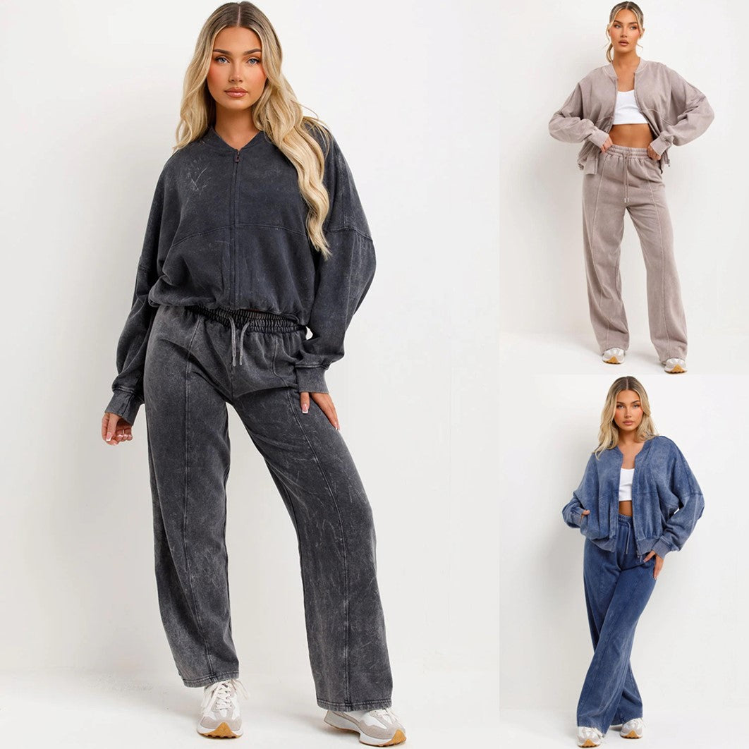 Stonewash Full Zip Sweatshirt and Straight Leg Joggers Tracksuit Set