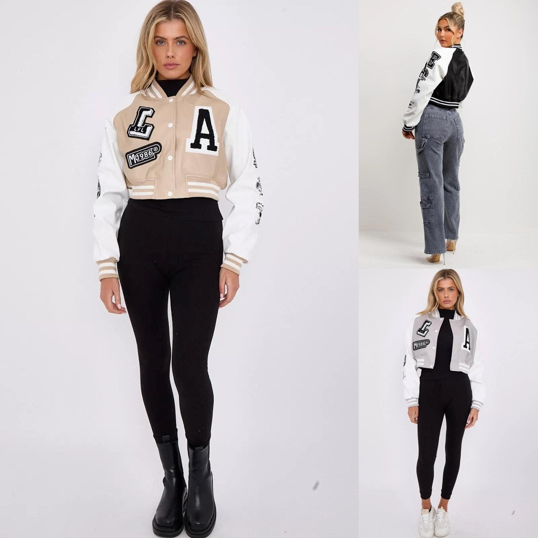 Crop Baseball Varsity Bomber Faux Leather Jacket