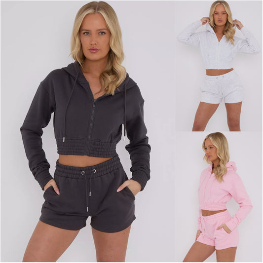 Cropped Full Zip Hoodie and Shorts Co-ord 2-Piece Set