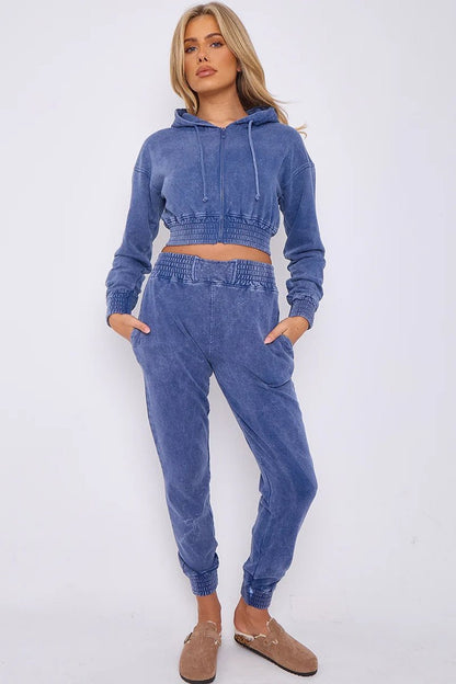 Acid Wash Cropped Hoodie & Joggers Tracksuit Set