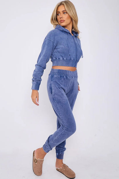 Acid Wash Cropped Hoodie & Joggers Tracksuit Set