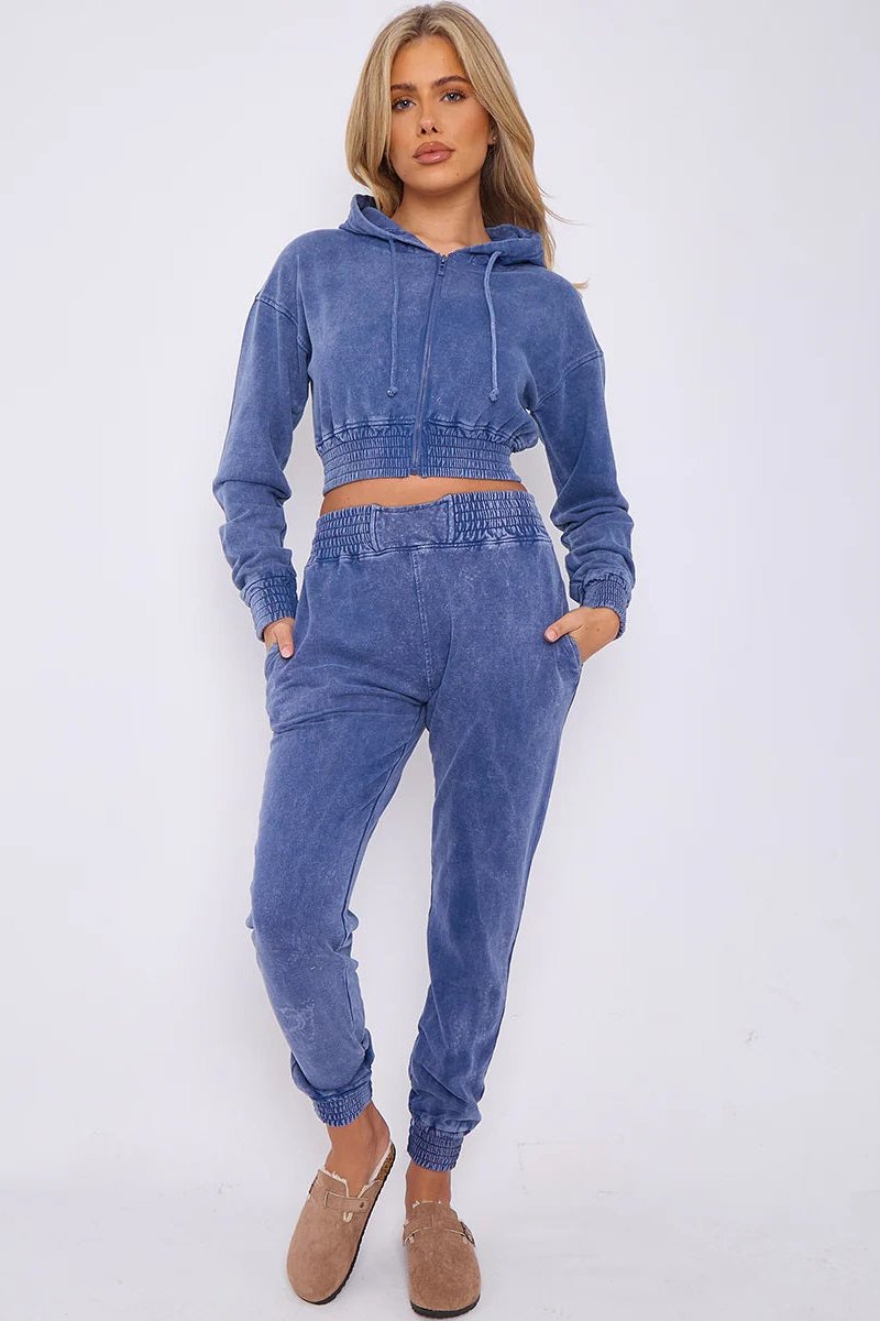 Acid Wash Cropped Hoodie & Joggers Tracksuit Set