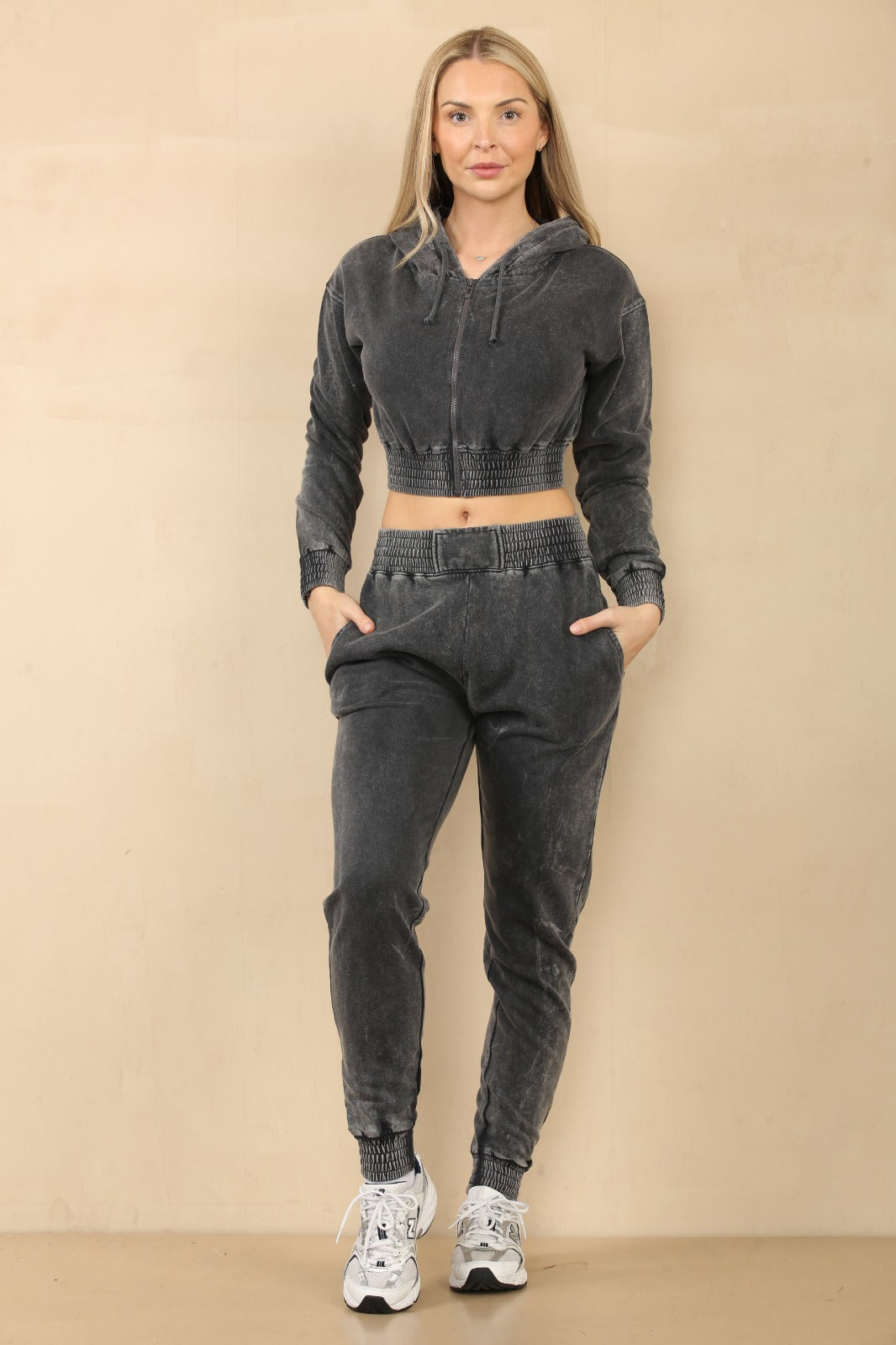 Acid Wash Cropped Hoodie & Joggers Tracksuit Set