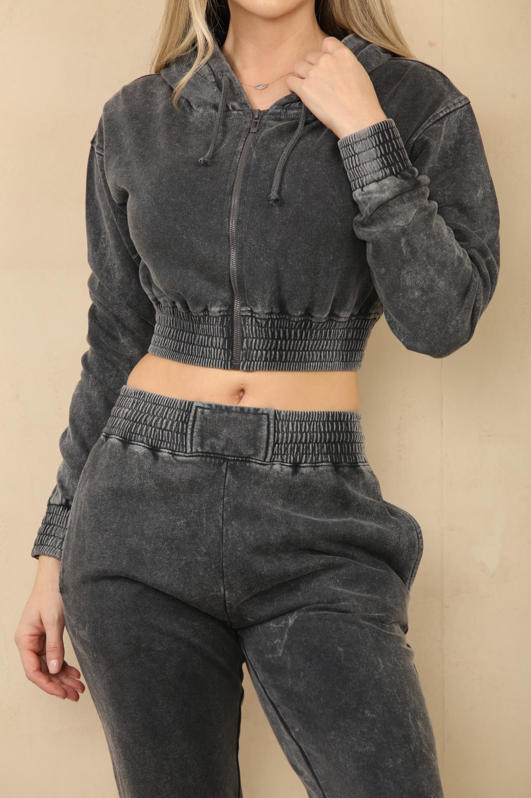 Acid Wash Cropped Hoodie & Joggers Tracksuit Set