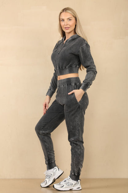 Acid Wash Cropped Hoodie & Joggers Tracksuit Set