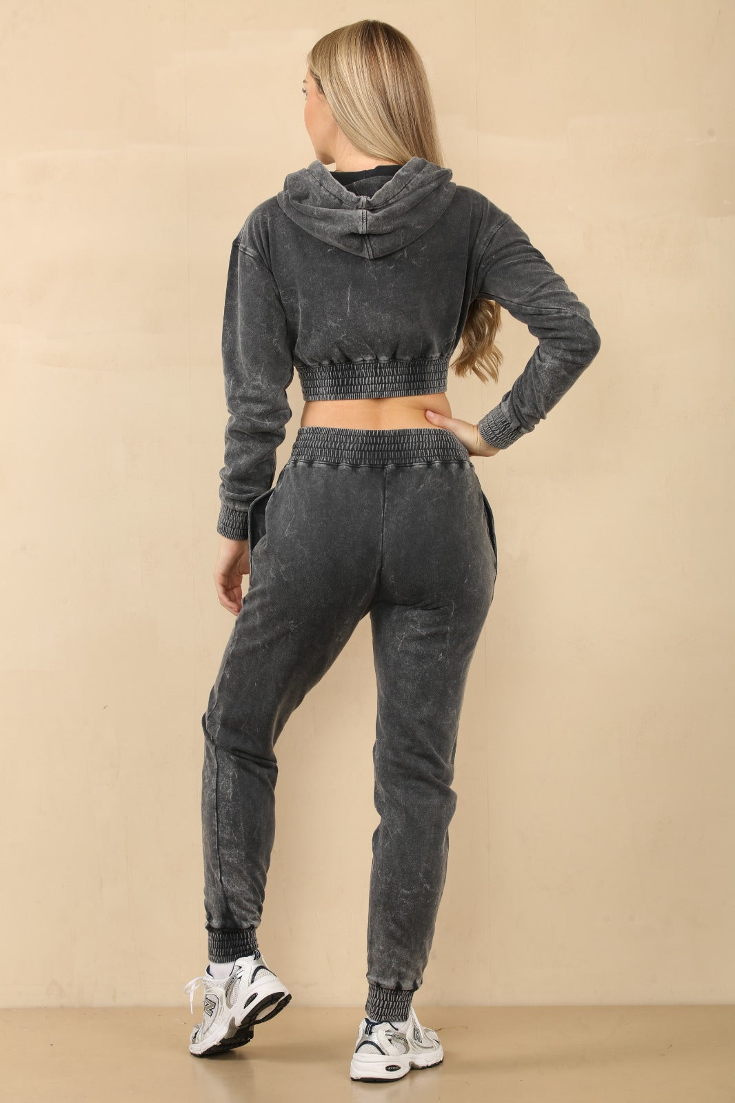 Acid Wash Cropped Hoodie & Joggers Tracksuit Set