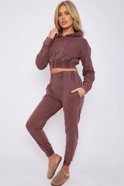 Acid Wash Cropped Hoodie & Joggers Tracksuit Set