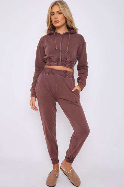 Acid Wash Cropped Hoodie & Joggers Tracksuit Set