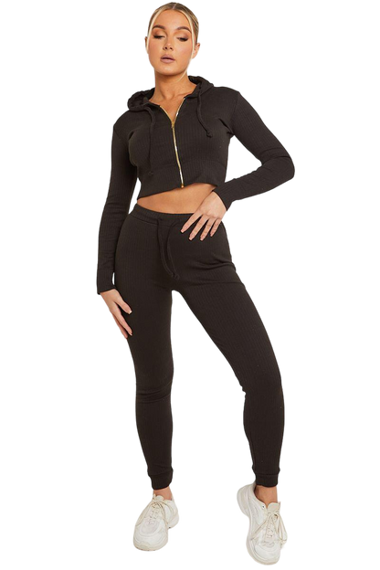 Ribbed Cropped Hoodie and Leggings Set