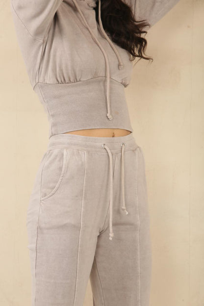 Acid Wash Ribbed Corset Cropped Hoodie & Joggers Tracksuit