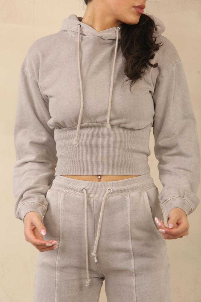 Acid Wash Ribbed Corset Cropped Hoodie & Joggers Tracksuit