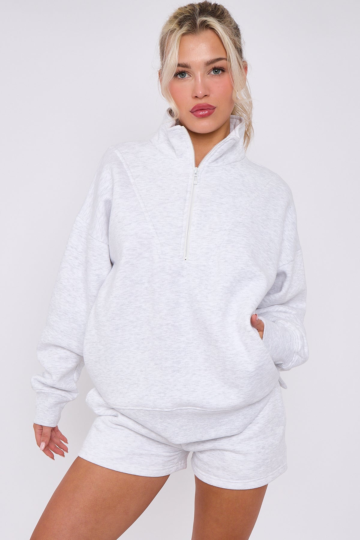 Oversized Half Zip Sweatshirt and Shorts 2-Piece Set