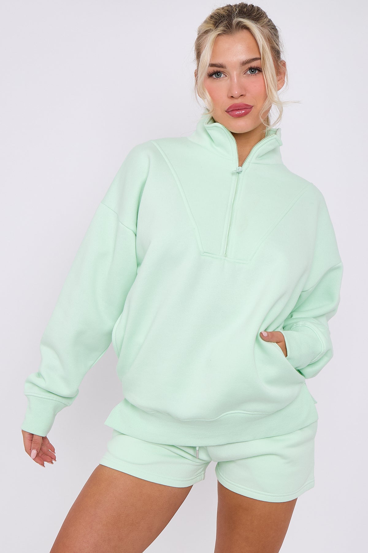 Oversized Half Zip Sweatshirt and Shorts 2-Piece Set