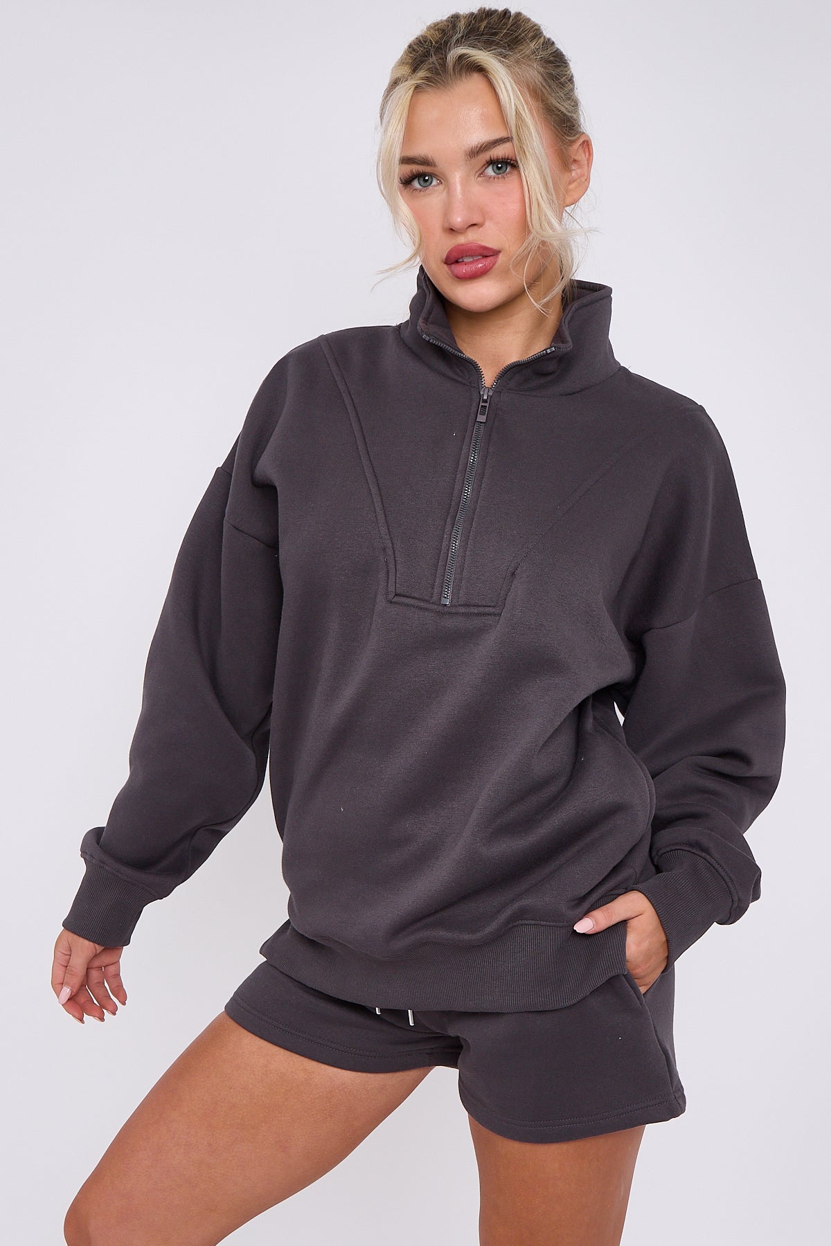 Oversized Half Zip Sweatshirt and Shorts 2-Piece Set