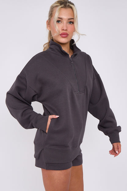 Oversized Half Zip Sweatshirt and Shorts 2-Piece Set