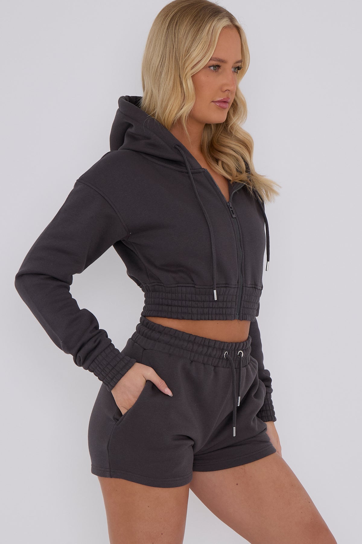 Cropped Full Zip Hoodie and Shorts 2-Piece Set