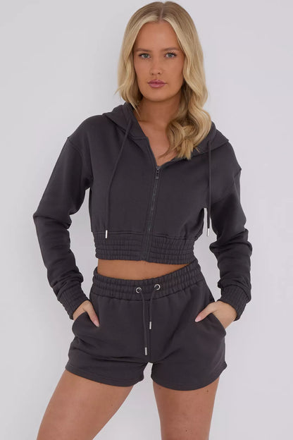 Cropped Full Zip Hoodie and Shorts 2-Piece Set