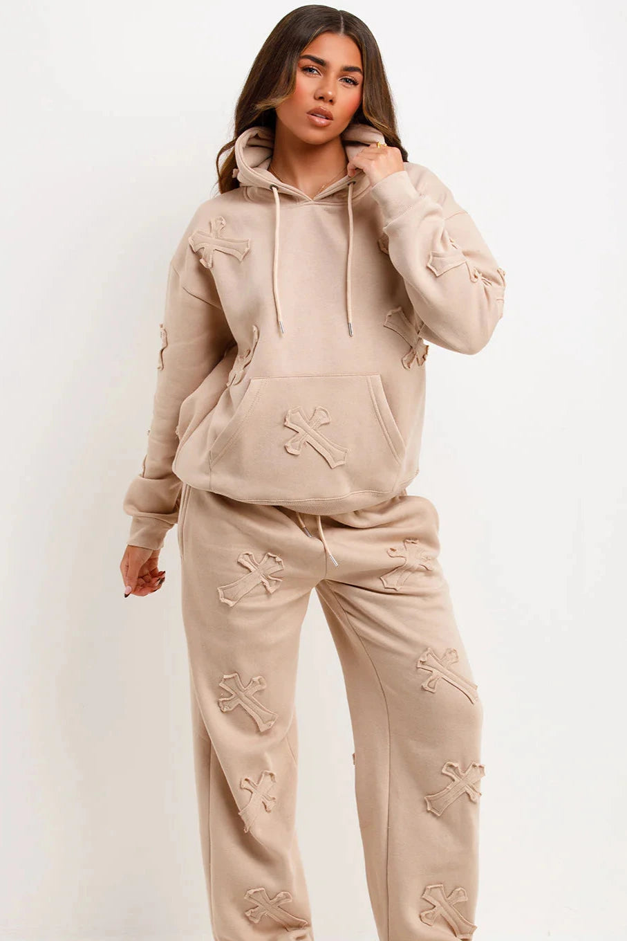 Oversized Hoodie & Cuffed Joggers Tracksuit Plus Size with Cross Detail