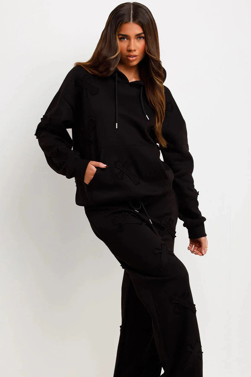 Oversized Hoodie & Cuffed Joggers Tracksuit Plus Size with Cross Detail