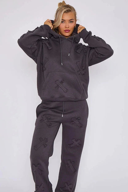 Oversized Hoodie & Cuffed Joggers Tracksuit Plus Size with Cross Detail